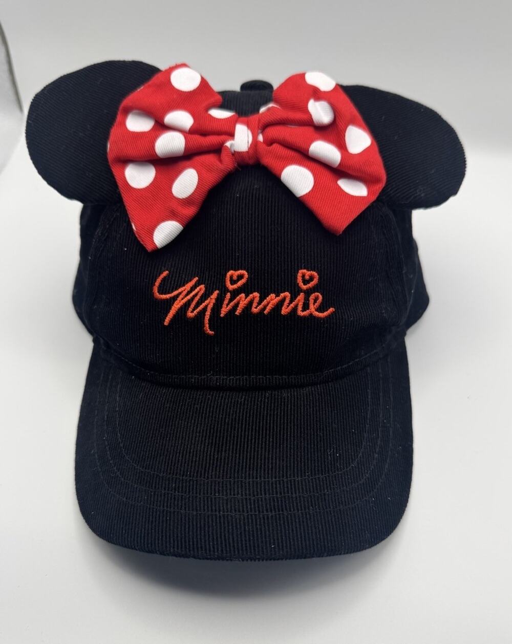 Disney Minnie Mouse Girls Black Corduroy Adjustable Hat Ears Bow Embroidered